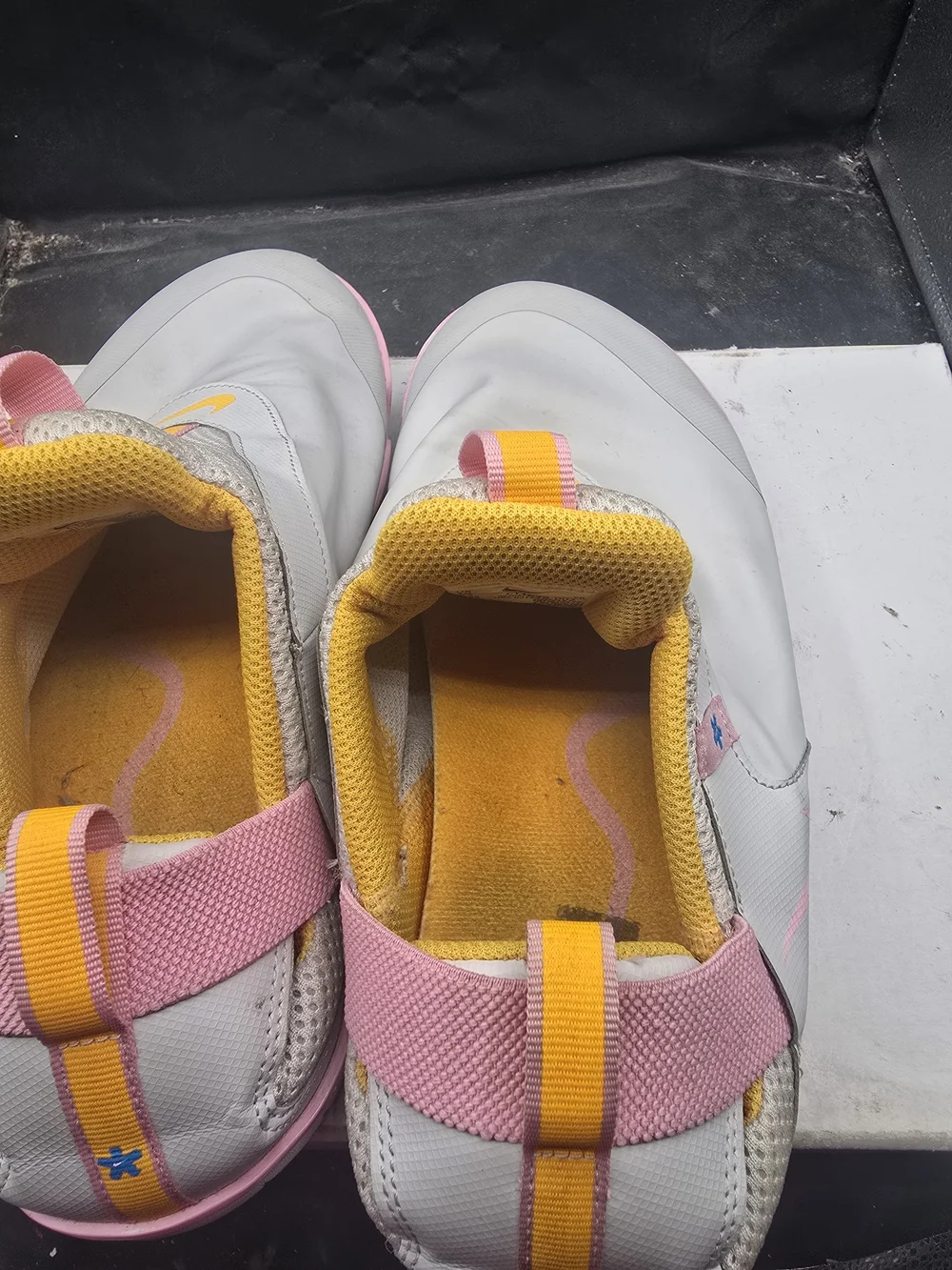Nike Light Gray Slip-On Sneakers with Pink‎ and Yellow Accents